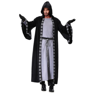 Capa con capucha de mago medieval para Halloween, túnica larga gris con cinturón y guantes, disfraz de cosplay para hombres, juego de rol para adultos - Product Image 1