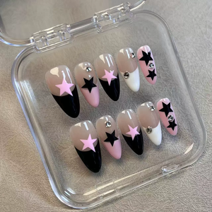 10 <span class=keywords><strong>uñas</strong></span> postizas hechas a mano negras, blancas, rosas, estilo francés, diseños de estrellas, <span class=keywords><strong>uñas</strong></span> postizas de almendras portátiles para mujeres - Product Image 1