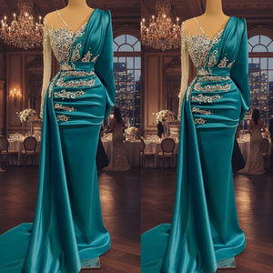 Elegante sirena silueta de lujo ropa Formal vestido de noche manga larga cuello alto cintura Natural hasta el suelo con cuentas Plus - Product Image 4