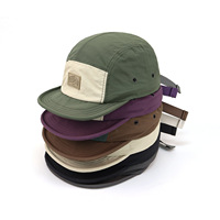 Topi Camping 5 Panel Nylon dengan Label Kulit Custom, Cepat Kering, Warna-Warni, Pinggiran Datar, untuk Olahraga Outdoor