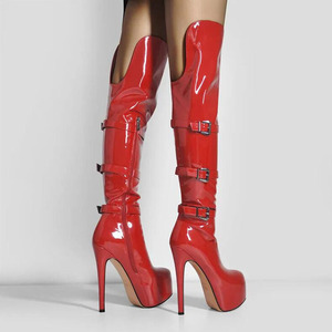 Bottes hautes pour femmes, grande taille 46, avec boucles de ceinture métalliques, en cuir verni, à plateforme épaisse, coupe large, talon aiguille, style bottines longues - Product Image 4