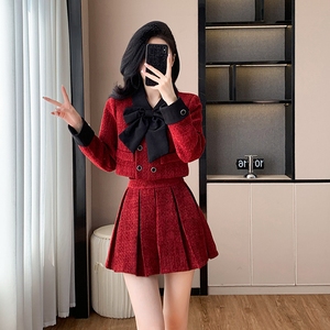 Elegante Conjunto <span class=keywords><strong>de</strong></span> Otoño para Mujer, Nuevo Conjunto <span class=keywords><strong>de</strong></span> Fragancia Pequeña, <span class=keywords><strong>Chaqueta</strong></span> Premium para Mujer, Abrigo Corto, <span class=keywords><strong>Falda</strong></span> a Media Pierna, Conjunto <span class=keywords><strong>de</strong></span> Dos Piezas, Conjunto Rojo - Product Image 1