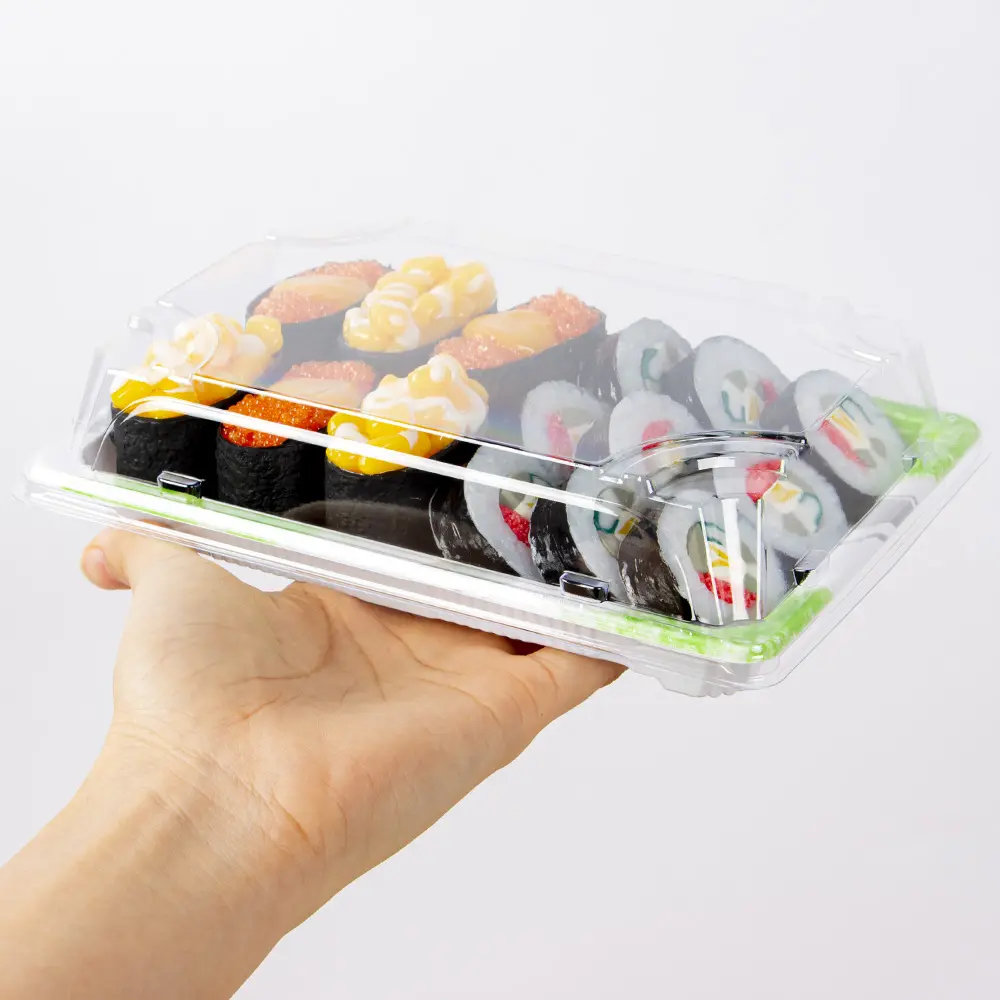 黒の使い捨て分割プラスチックフードプレート寿司トレイコンテナ日本の持ち帰りマキパッキング寿司トーゴボックス寿司用