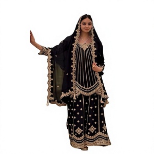 Conjunto de Kurta Larga Negra Bordada con Dupatta para Mujer, Ropa Tradicional Étnica India/Pakistaní para Bodas, Seda, Corte Holgado - Product Image 1
