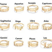 Bague ouverte ajustable unisexe en acier inoxydable 316 plaqué or 18 carats avec les 12 signes du zodiaque, style simple et personnalisé, bijoux tendance