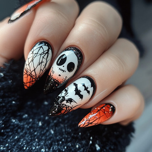Faux <span class=keywords><strong>ongles</strong></span> à presser Halloween Crâne, forme amande moyenne, motif chauve-souris et toile d'araignée, ombré noir et <span class=keywords><strong>orange</strong></span>, en acrylique pour femmes - Product Image 1