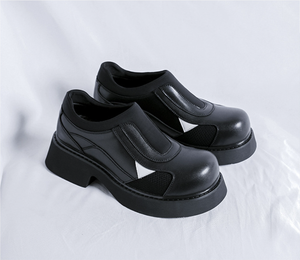 Chaussures décontractées à semelle épaisse en cuir noir, style mocassins à enfiler, plateforme haute, pour femmes et hommes, collection 2025 - Product Image 2