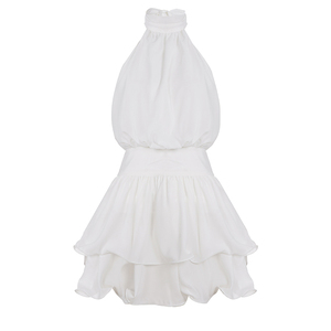 Robe mini élégante dos nu à col licou, tissée, avec imprimé numérique, taille cintrée, lavable, à ourlet étagé multicouche pour femme - Product Image 6
