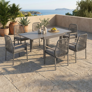 Moderno Juego de Comedor de 7 Piezas para Exteriores, Mesa Extensible de Aluminio y 6 Sillas de Ratán, Juego de Muebles de Jardín Expandible para Villa - Product Image 3