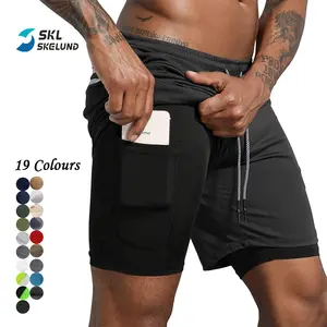 19种颜色工厂低价男士2合1跑步短裤带手机口袋健身运动快干男裤
