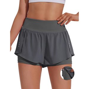 Pantalones Cortos Deportivos 2 en 1 FOXA para Mujer, Cintura Alta, para Correr, Gimnasio, Entrenamiento, con Bolsillos Laterales, Ajustados, de Poliéster Sólido - Product Image 1