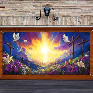 ป้ายตกแต่งประตูโรงรถธีมอีสเตอร์ ลายพระอาทิตย์ขึ้น นกพิราบ และกางเขนดอกไม้ ผ้าคลุมประตูโรงรถขนาดใหญ่ ของตกแต่งธีมฤดูใบไม้ผลิสำหรับกลางแจ้ง - Product Image 2