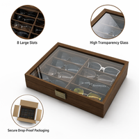 Boîte de rangement pour lunettes en bois de noyer à 8 emplacements, doublure en daim marron, couvercle en verre véritable, charnières papillon, étui organisateur pour lunettes de soleil