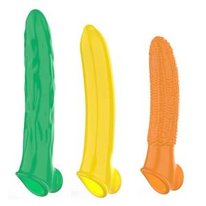 Juguetes Vibradores Reutilizables con Forma de Frutas y Verduras, Funda Vibradora Mágica de TPE, Extensión de Pene Vibrante de Cristal Larga y Elástica, Condón - Product Image 2