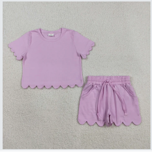 Conjunto de pantalones cortos para niñas con borde festoneado de color sólido GSSO3173 - Product Image 5