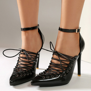 Sandales sexy à talons hauts pour femmes, à découpes et à lacets, à bout pointu, style stiletto, avec bride de cheville, pour l'été, grande taille 47, chaussures de soirée à coupe large - Product Image 3