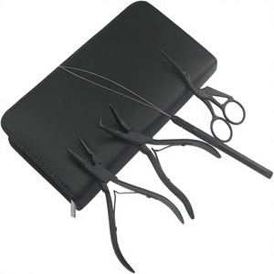 Kit de salon pour extensions de cheveux noirs, comprenant des anneaux de couleur en acier inoxydable, des perles, des pinces ouvre-fermeurs, des pinces à boucles et des ciseaux à boucles dorés - Product Image 6