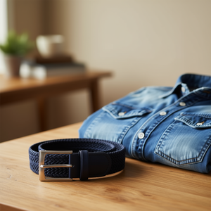 Cintura in pelle elastica intrecciata blu scuro 3,5 cm, taglie 105/110/120 per uomo, abbigliamento casual - Product Image 2