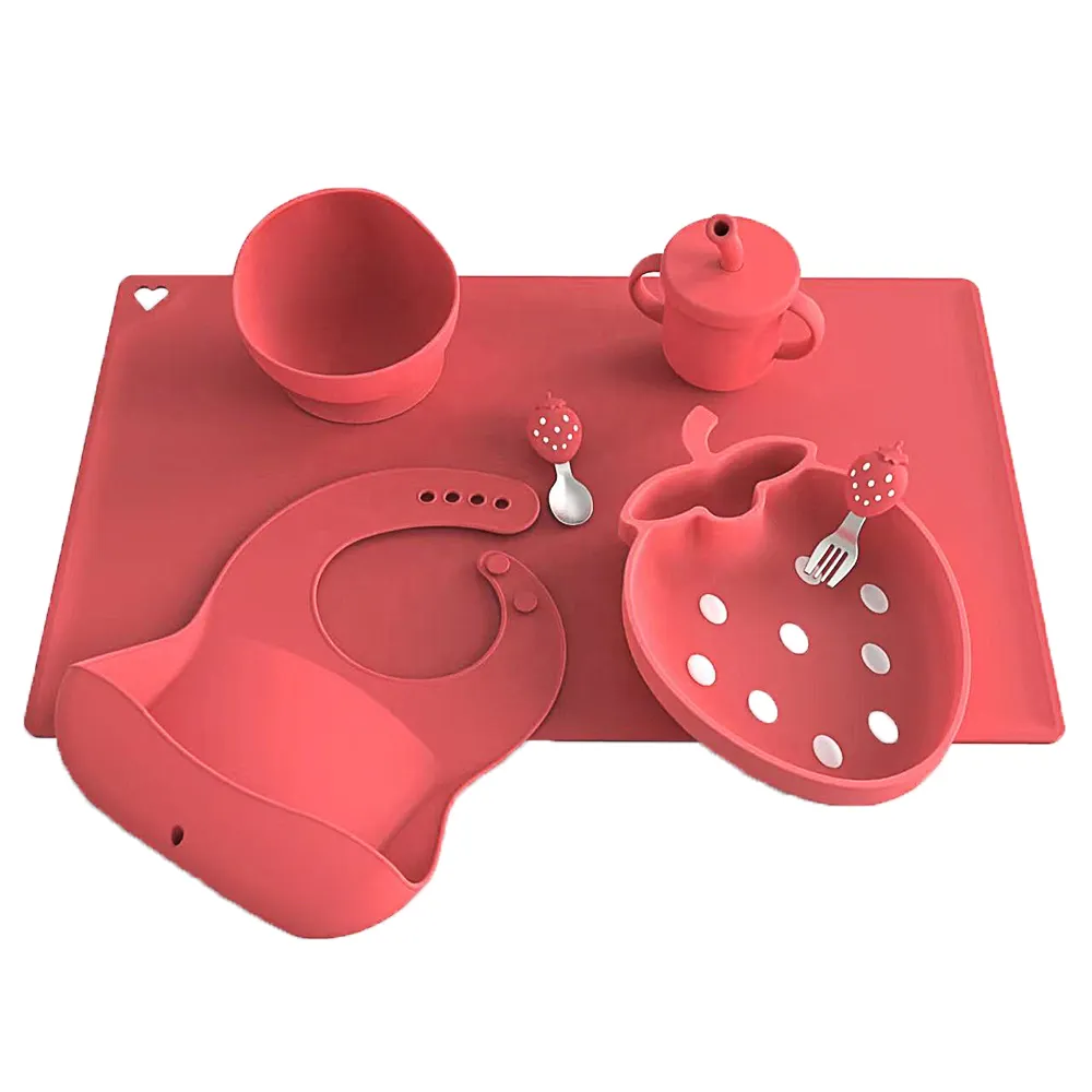 Großhandel New Silicon Kids Baby Fütterung Pflege produkte Silikon Training Sippy Cup Bowl Platte Lätzchen Edelstahl Löffel und Gabel Set