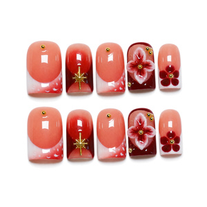 Uñas Postizas Cuadradas Rojas con Puntas, Hechas a Mano, 10 Piezas, con Estrellas Doradas y Bloques <span class=keywords><strong>de</strong></span> <span class=keywords><strong>Vino</strong></span>, Flores 3D, Set <span class=keywords><strong>de</strong></span> Uñas Adhesivas Cortas Cuadradas - Product Image 2