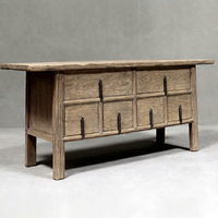Table console en olivier récupéré, six tiroirs, armoire de rangement rustique en bois, deux tiroirs superposés, quatre tiroirs, poignées en fer, meuble vintage