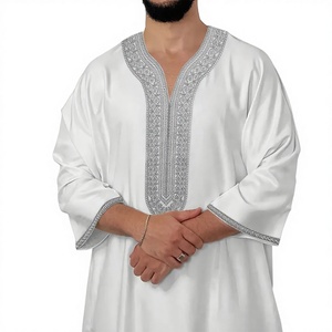 Túnica larga árabe musulmana islámica de estilo marroquí <span class=keywords><strong>tradicional</strong></span> para hombres Cuello Blanco bordado gris plateado <span class=keywords><strong>vestido</strong></span> modesto de tres cuartos - Product Image 2