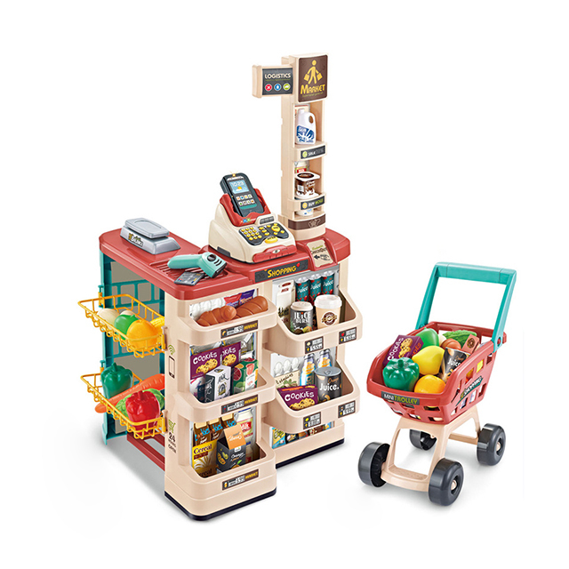 Electric Scanner Cash Register Toys Plastic Trolley Toy Supermarket Counter Kids Play Supermarket Shopping Cart and Food Toys