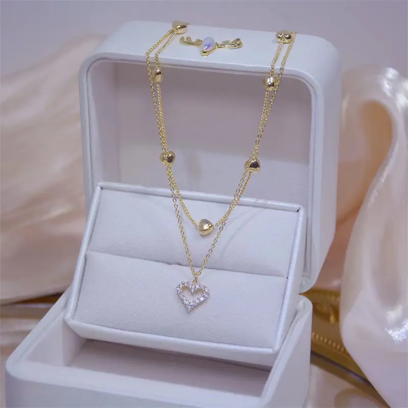 Double Layer Love Fine Jewelry Pendants Heart Shaped Rhinestone Pendant Necklace