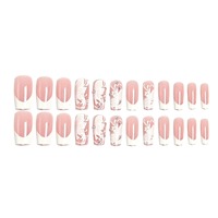 K053 Faux Ongles Ballerine Moyens Blanc Nude Motif Fleur Française Style Minimaliste Western Frais ABS Premium MOQ1 Vente en Gros Stock Prêt à l'emploi