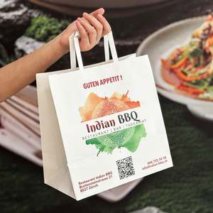 Sacs en papier personnalisés classiques, écologiques et recyclables pour le shopping, avec logo et couleur de poignée sur mesure, pour l'emballage de salades et d'aliments. - Product Image 6