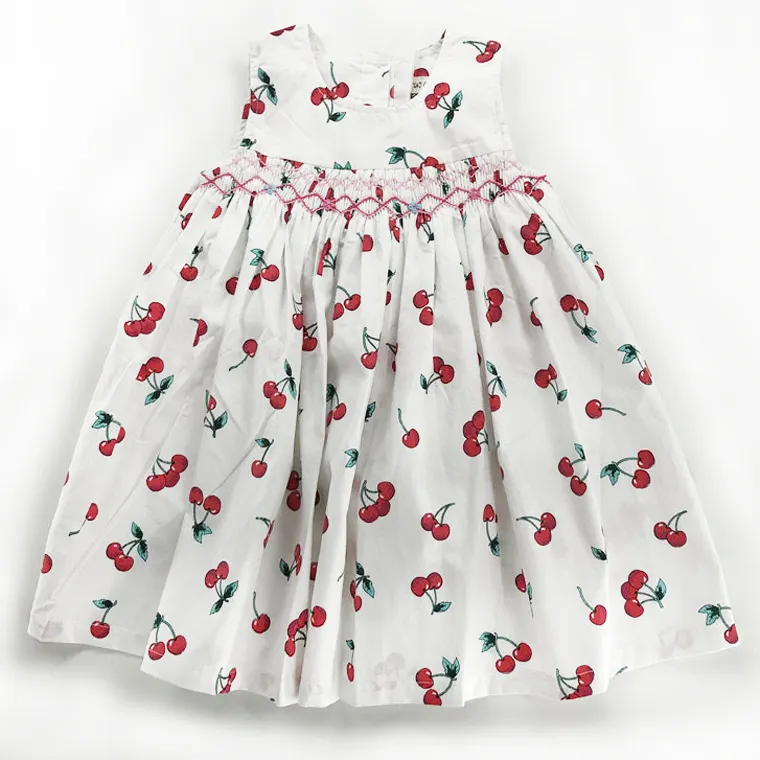 Baby Mädchen Smocked Cotton Cherry Printing Weißes Kleid Smocked Dress Baby