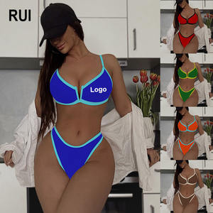 RUIQUWIN Wholesale Women's Sexy <b>Push</b> Thong Bikini V-Neck High Support Stripe <b>Swimsuit</b> 2 Piece Set Quick Dry Beach Holiday - Product Image 1