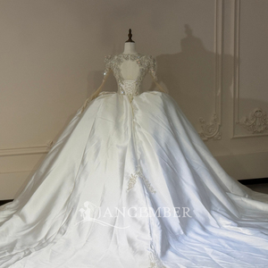 Xs316 Elegant Deep V Neck Crystal Beaded Baroque Scroll Applique Ivory Satin <b>Ball</b> <b>Gown</b> Wedding Dress For Church Jancember - Product Image 5