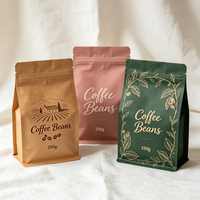 Sac à café imprimé de qualité alimentaire, personnalisé, écologique, recyclable, à fond plat, avec fermeture éclair, valve de dégazage et encoche de déchirement, haute barrière