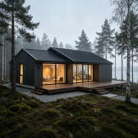 Maison de luxe style Forêt Nordique, 3 chambres, 2 salles de bain, bardage foncé, revêtement en acier, toit en métal à double pignon, portes coulissantes, terrasse en L, vue sur le lac, clé en main