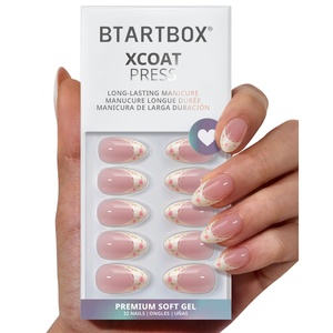 Kits de faux ongles à presser de luxe, style French Manucure, courts, forme amande, motif floral, pour le printemps et l'été, vente en gros, avec colle - Product Image 1