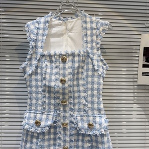 <span class=keywords><strong>Robe</strong></span> en jean <span class=keywords><strong>denim</strong></span> bleu sans manches, tendance et élégante, en tweed tricoté, effet délavé, coupe droite, pour <span class=keywords><strong>femme</strong></span>, OUDINA - Product Image 2
