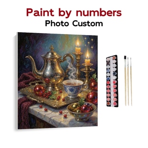 Kit de Pintura por Números para Adultos, Tetera Plateada Navideña y Velas, Lienzo para Pintar DIY, Arte de Pared Invernal, Decoración del Hogar - Product Image 1