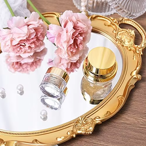 Bandeja de tocador <span class=keywords><strong>con</strong></span> <span class=keywords><strong>espejo</strong></span> dorado redondo para decoración del hogar de boda de alta calidad, bandeja para servir para decoración de habitación, organizador de maquillaje antiguo ovalado - Product Image 6