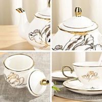 Service à café turc en céramique de style britannique de 22 pièces, 860 ml, nouveau service à thé et à café en porcelaine fine avec support en métal doré en forme de tulipe