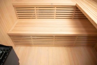 2-6 orang mewah desain Modern kayu Solid Sauna dengan batu Backwall pemanas listrik 220v Panel kontrol komputer