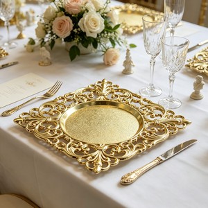 Assiettes de Présentation Carrées Dorées en <span class=keywords><strong>Plastique</strong></span> de 33 cm, Style Vintage, Bord Creux, pour Banquets, Dîners, Décoration de Table, Assiettes de Mariage - Product Image 2
