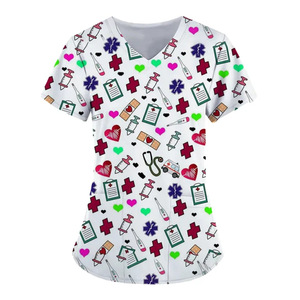 Blouse médicale unisexe respirante à col en V et manches courtes avec poches, uniforme d'hôpital en tissu tissé à motif imprimé - Product Image 4