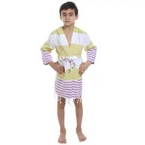 Quick-Dry Turkish Pestemal Bathrobe for Kids Made in Turkey | High-Quality Genderless Peshtemal Beach Dress with Stripes %1000