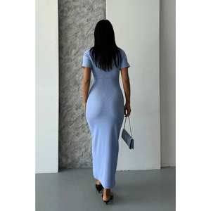 Robe moulante bleue à col rond en tricot, taille cintrée, pour occasions formelles, simple, élégante, décontractée - Product Image 1