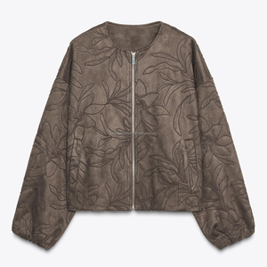 Chaqueta de gamuza personalizada para <span class=keywords><strong>mujer</strong></span> con cuello redondo, cremallera completa y cordón bordado. - Product Image 3
