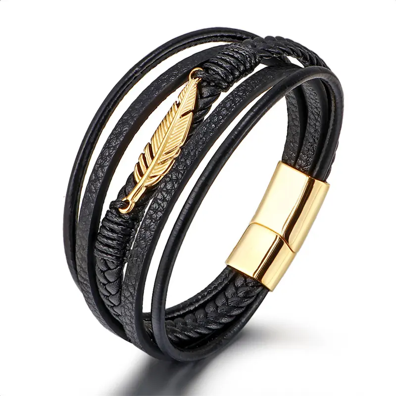 Wholesale Fashion Dainty Stainless Steel Feather Bracelet Multi-layer Hand-woven Leather Jewelry for Men Gift