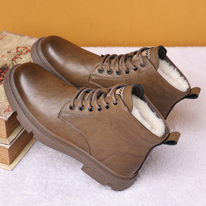 Bottes de neige mi-mollet en cuir véritable pour hommes, bout rond, doublure en fourrure, semelle en caoutchouc, chaudes pour l'hiver - Product Image 1