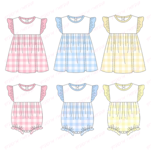 Abito personalizzato all'ingrosso per bambini e bambine con bavaglini a manica lunga con fiocco in cotone con quadretti e sorelle abbinate vestiti per bambini - Product Image 1