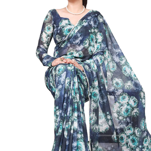 Sofisty Silky Saree น้ำหนักพิมพ์ลายหินอ่อนที่มีขอบมุกลูกไม้เป็นทางการพร้อมสวมใส่ - Product Image 1